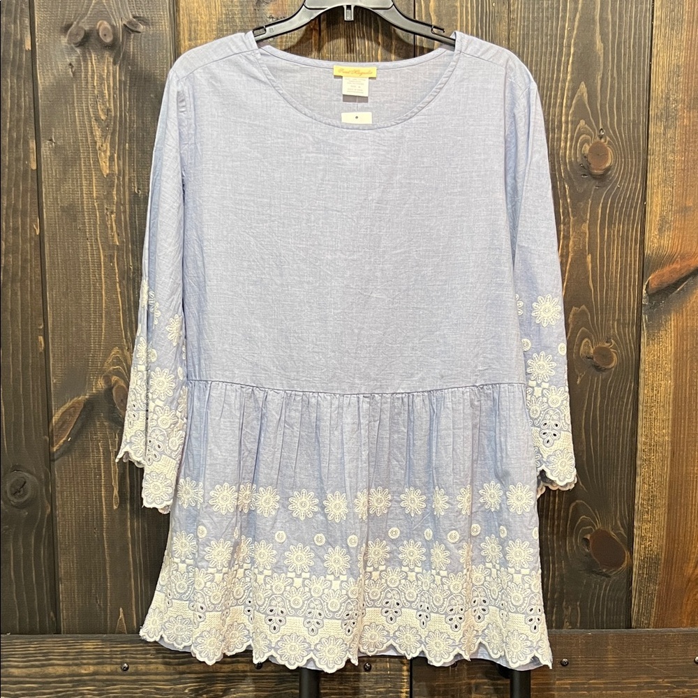 Light Blue Embroidered Tunic Top with White Lace Trim